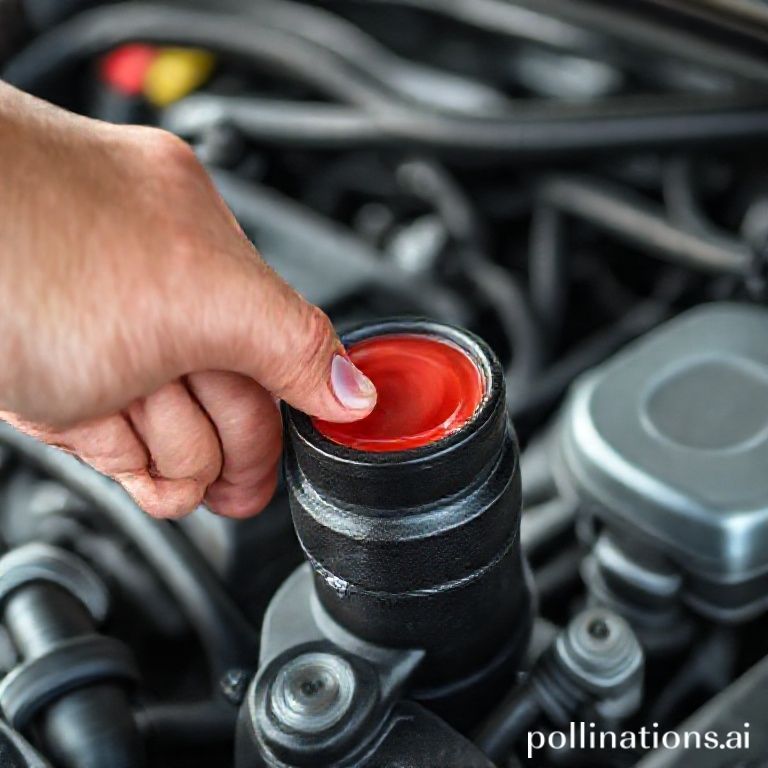 A close-up of a car's power steering fluid reservoir with a clear view of the fluid level, showing a hand checking the dipstick. The fluid is a clean, reddish color. The background is a slightly blurred engine bay with various hoses and components. Educational, clean, bright, natural light, ultra realistic, highly detailed, 8k quality, photorealistic, focus keyword: مایعات پنهان خودرو: